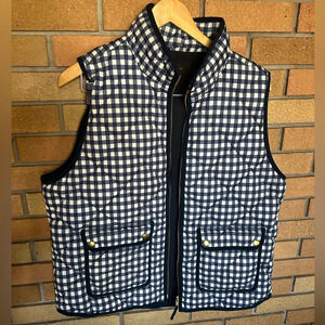 J. Crew Navy and White Gingham Quilted Excursion Full Zip Down Filled Vest XL